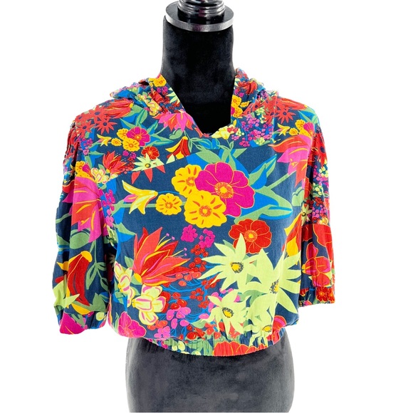 Sorella Floral Cropped Hooded Short Sleeve Boho Blouse Size Large - Picture 16 of 16